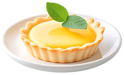 A single lemon tart with a flaky crust, topped with a lemon leaf, sits on a white plate.