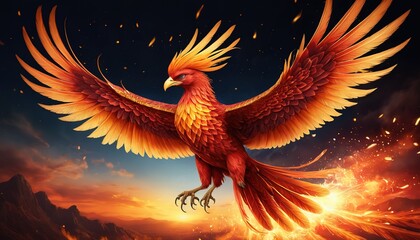 A mystical phoenix with fiery red and golden feathers, soaring across a sunrise sky, leaving a trail of sparks and flames 