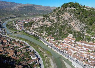 A drone shot of the historic town of Berat, Albania