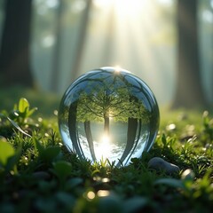 Symbol of clarity and reflection -  Glass sphere on dewy grass, reflecting forest and sun rays in morning mist