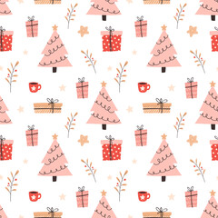 Christmas tree, gift, holly berries leaves and snowflakes seamless pattern. Glamorous decorative wrapping paper for the winter holidays. Seamless vector pattern with pink Christmas trees and gift.
