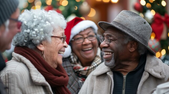 Elderly black man and woman share joyful laughter during festive Christmas celebration, surrounded by cheerful friends, embracing spirit of joy and togetherness in holiday season.