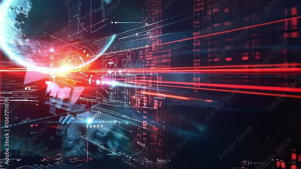 Poster futuristic spaceship is launching from earth, leaving a trail of light, with a digital interface in 