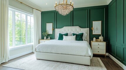 Luxurious Bedroom with Emerald Green Walls and White Bedding
