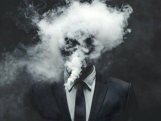 A man in a suit and tie with smoke coming out of his mouth