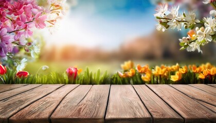 beautiful spring flowers on wooden desk table top with nature background , space for text, cards banners or posters