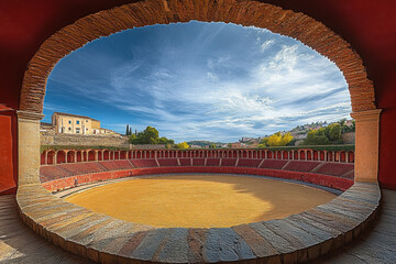 Empty round bullfight arena in Spain. Spanish bullring for traditional performance of bullfight