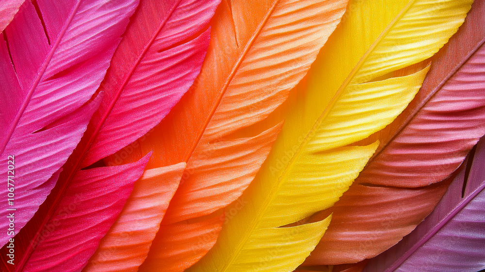 Poster colorful feathers arranged in a gradient from pink to yellow. concept of vibrant pattern and texture