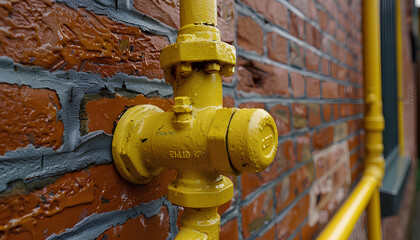 Yellow gas pipe with valve near brick wall outdoors