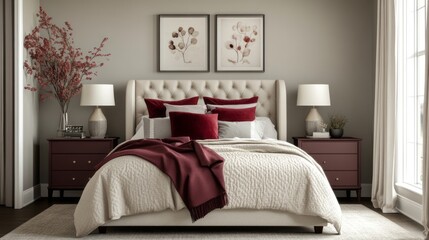 A Burgundy and White Bedroom with a Plush Bed and Decorative Artwork