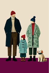 Cute Scene of People and Dog in Winter Clothes