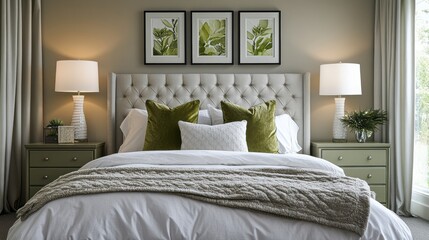 A luxuriously made bed with white bedding and plush throw, green velvet pillows, and matching side tables