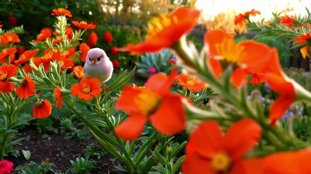 A small, fluffy bird with big eyes sits among bright orange flowers, creating a charming contrast in a peaceful garden. Morning light enhances the tranquil atmosphere