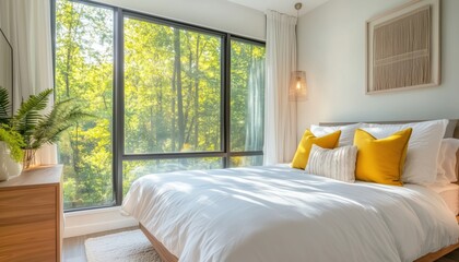 Cozy Minimalist Bedroom With White Bedding, Yellow Pillows, And Large Windows Offering Green Views And Copy Space For Relaxation. Natural Light And Home Decor.