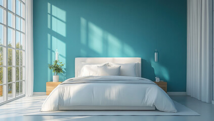 A bedroom with a blue wall and a white bed with a wooden headboard. The bed is made with white sheets and has blue pillows. There are two nightstands on either side of the bed, both with a lamp