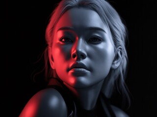 Red and Blue Light Portrait: A captivating portrait of a young woman, half her face bathed in dramatic red light, the other in cool blue, creating a striking contrast and enigmatic mood.