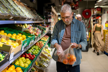 Older man picking fresh produce in the fruits and vegetables section of a store