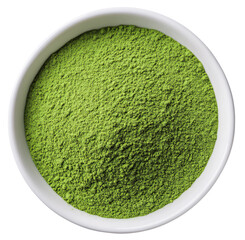 Close-up of green tea powder in a white bowl, top view.