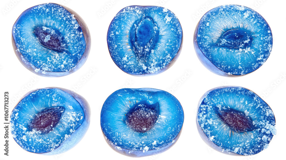 Poster fresh blue plum halves arranged on a white background for display generative ai