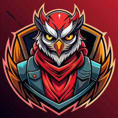 Dynamic esports logo featuring a fierce owl character adorned in a red scarf and stylized armor against a vibrant gradient background