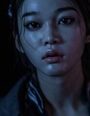 Fototapeta premium Close-up Portrait of a Young Woman with a Pensive Expression: A close-up portrait of a young woman's face, bathed in ethereal blue and pink light.
