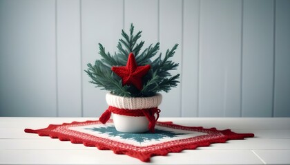 Mini christmas tree with scandi knitted decor on the table. AI generated