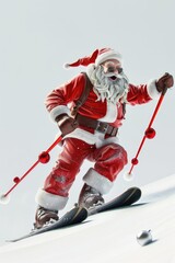 Santa Claus skiing downhill in snowy landscape, red suit, white beard, outdoor winter activity, holiday season fun concept