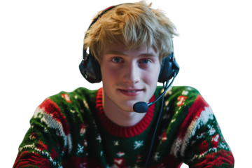 A young blonde man wearing an ugly Christmas sweater and call center phone operator headset, appearing to be in a cheerful holiday-themed customer service call center