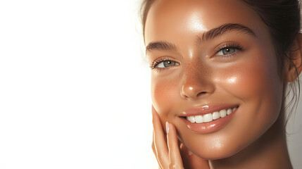 Obraz premium A closeup of a radiant woman with smooth, hydrated skin, gently touching her cheek while smiling against a soft, white background