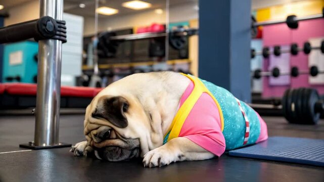 Lazy sport dog unmotivated. Funny cute pug dog do not want to do fitness at gym. Funny lazy sport pug. Tired of sport training, lying on the mat to sleep. Fell asleep. Funny dog sport laziness concept