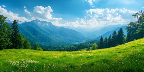 Obraz premium Panoramic view of the green meadow in the mountains