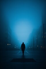 Solitude in the Fog: A lone figure walks through a misty urban landscape, their silhouette a stark contrast against the blue-tinged fog, evoking a sense of mystery and introspection.