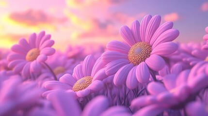 Fototapeta premium Pink daisies bloom in a field at sunset.