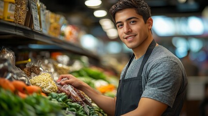 Young Hispanic male consultant selecting fresh produce in a grocery store during daylight hours