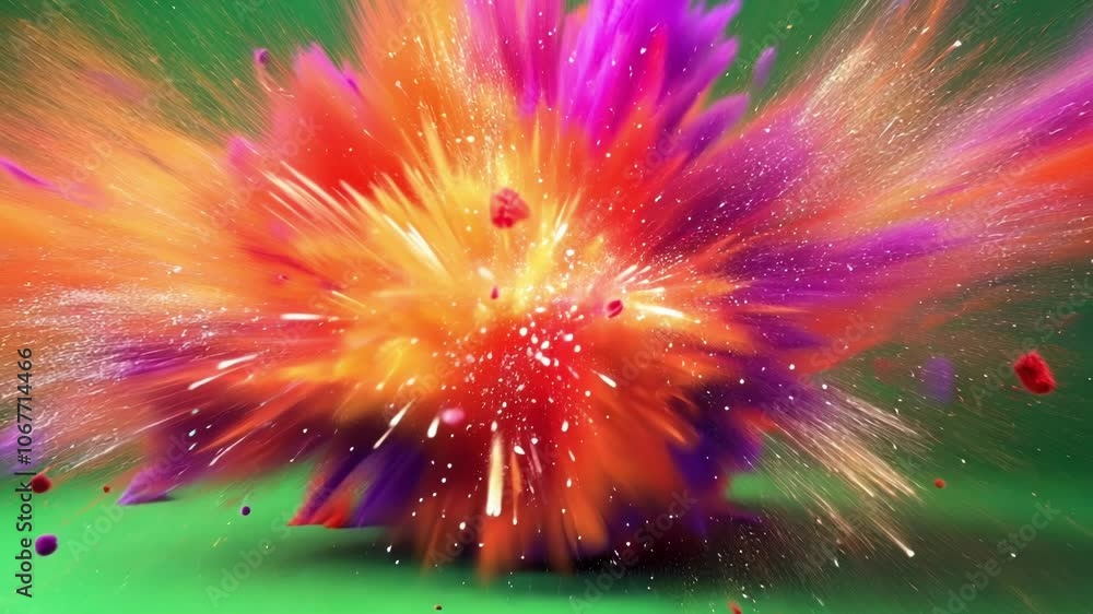 Poster colorful powder exploding creating a big cloud of dust over a green screen background, perfect for v