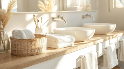 Light Minimalistic Modern bathroom interior with elegant white double vessel sinks with chrome, brass faucets in white ceramic tiled walls background. Stylish white sink on oak wooden vanity counter	