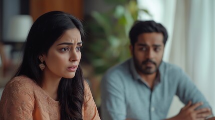  Indian couple having domestic scandal, upset young wife and husband turned away and ignoring each other