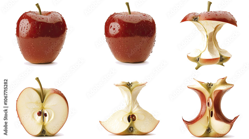 Poster fresh red apples displayed in various stages of being sliced generative ai