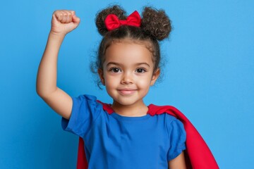 Over a blue sky background, a funny little girl plays power super hero. Concept of superheroes.