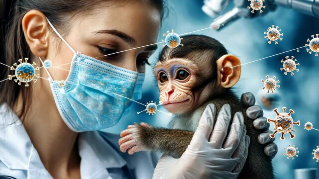 In a heartwarming moment, a compassionate scientist gently tends to a monkey, showcasing her dedication to animal care and scientific exploration amid challenging times