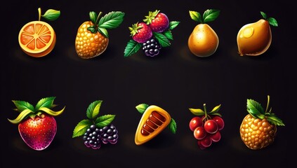 Golden Fruit Icons for Casino Slot Game Assets