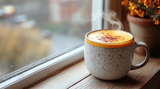 A steaming cup of turmeric latte sits on a windowsill.