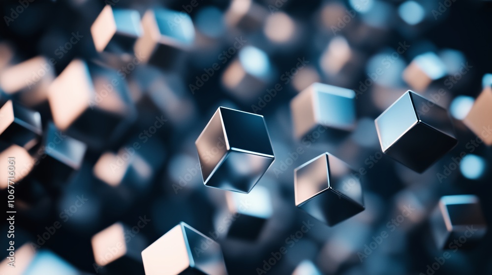 Poster metallic cubes floating in a digital space, creating a futuristic ambiance with reflections and ligh