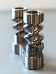 Close-up of two metallic helical components, showcasing precision engineering and the intricate design of industrial machine parts.