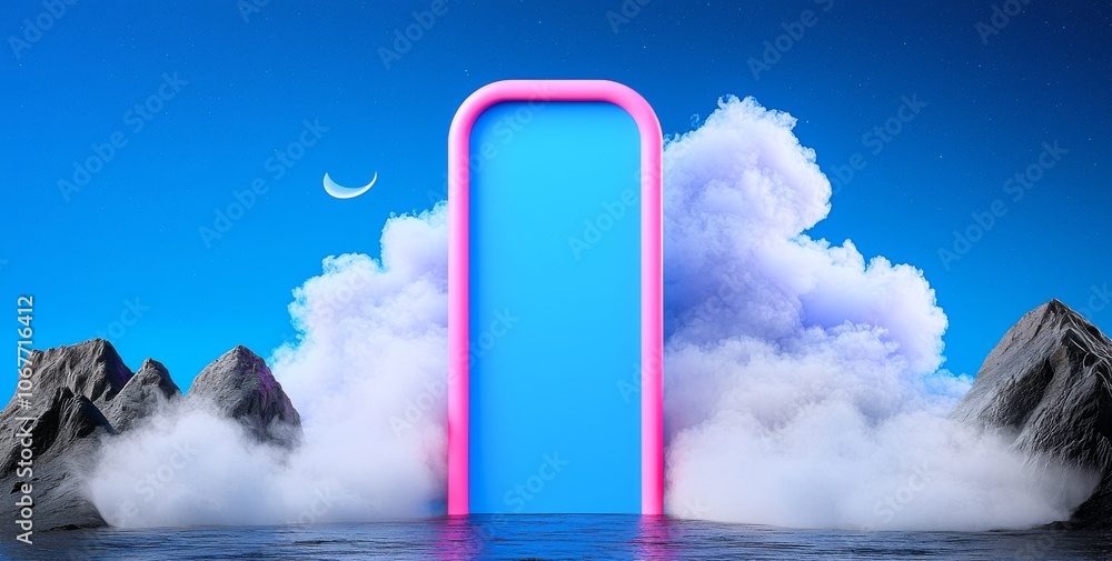 Wall mural the background is a dark neon circle with a futuristic nightscape with abstract landscape and island