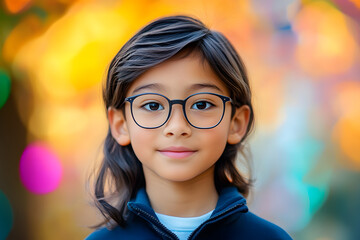 Fototapeta na wymiar 10 year old school kid portrait photography blur background bright colors