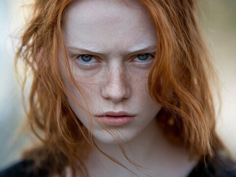 Fiery Redhead Portrait: Close-up portrait of a young woman with fiery red hair, intense green eyes, and freckles, conveying a strong and defiant mood. 