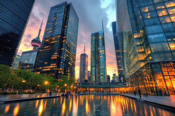 Fototapeta premium Urban Skyline at Sunset with Reflections on Skyscrapers