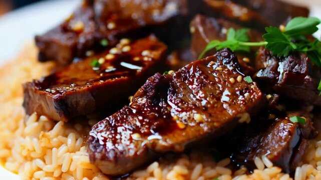 Tender beef chunks coated in a flavorful sauce, paired with fluffy rice and garnished with fresh herbs.