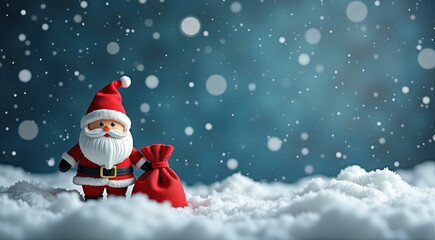 Fototapeta premium Adorable Santa figurine in snowy scene - perfect for Christmas blogs, holiday greeting cards, festive website banners, and seasonal social media posts
